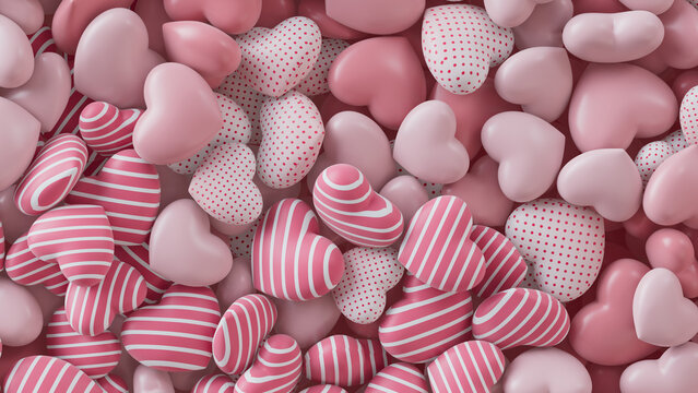Multicolored Heart background. Valentine Wallpaper with Pink, Polka Dot and Striped love hearts. 3D Render 
