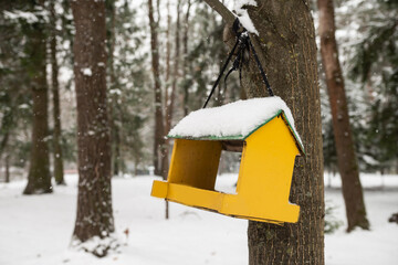 Naklejka premium Yellow feeder hanging on a tree in winter