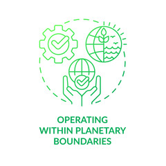 Operating within planetary boundaries green gradient concept icon. Characteristics of fair economy abstract idea thin line illustration. Isolated outline drawing. Myriad Pro-Bold font used