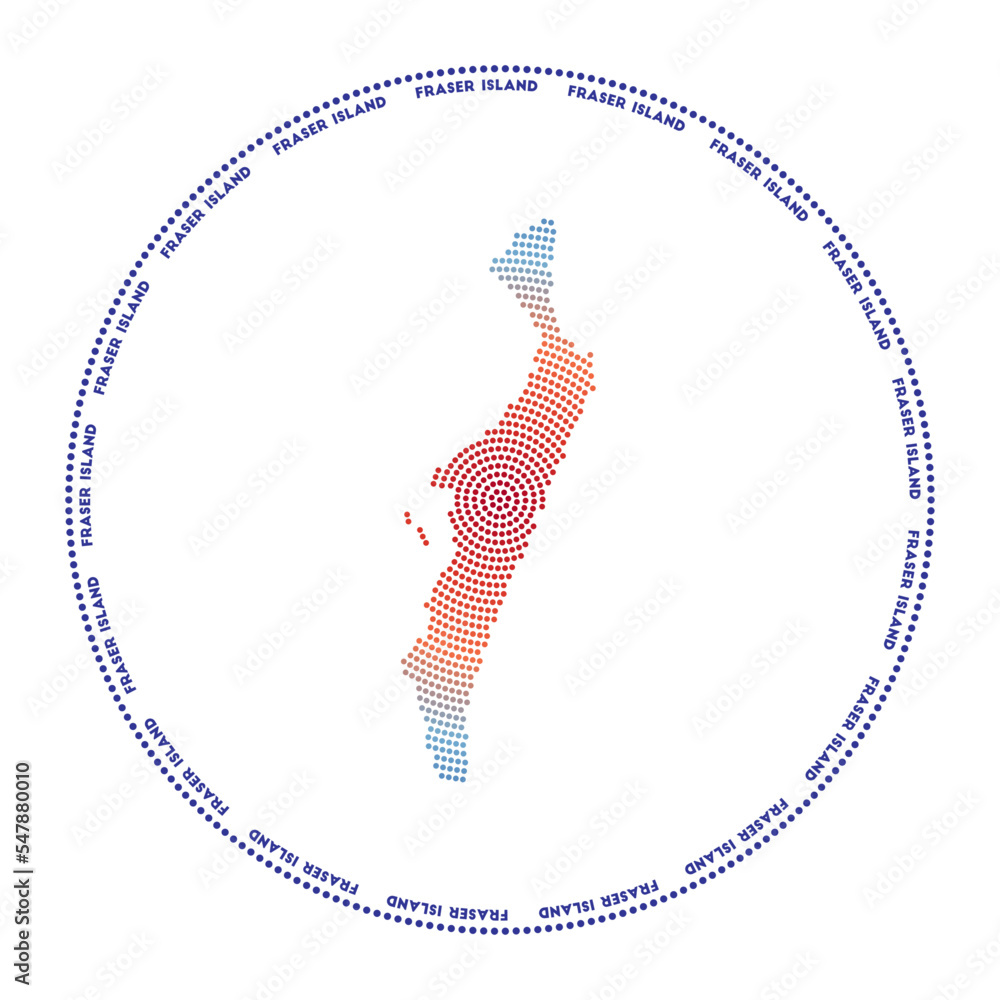 Poster fraser island round logo. digital style shape of fraser island in dotted circle with island name. te