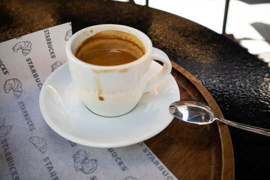 Madrid, Spain. June 1, 2022 Coffee espresso americano cappuccino in Starbuck cup