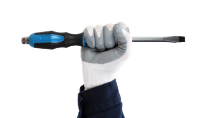 Hand holding shaped blue screwdriver. Close up. Isolated on white background. 