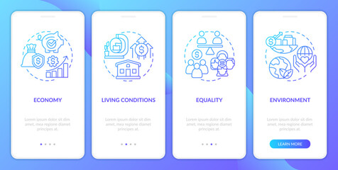 Elements of inclusive growth index blue gradient onboarding mobile app screen. Walkthrough 4 steps graphic instructions with linear concepts. UI, UX, GUI template. Myriad Pro-Bold, Regular fonts used