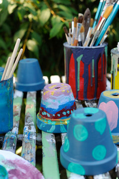 Colorful painted terracotta flower pots