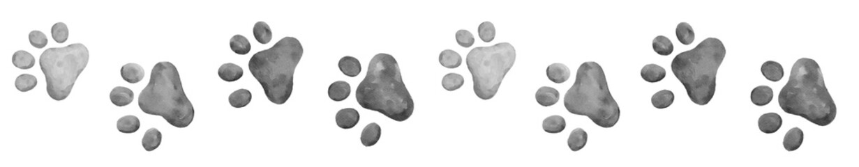 cat paw prints straight walk, gray or black and white watercolor border graphic element - obrazy, fototapety, plakaty