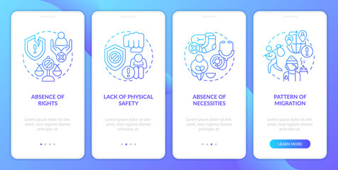 Main causes of contemporary slavery blue gradient onboarding mobile app screen. Walkthrough 4 steps graphic instructions with linear concepts. UI, UX, GUI template. Myriad Pro-Bold, Regular fonts used