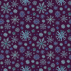 Seamless winter pattern. Blue watercolour snowflakes on a purple background. Hand drawn illustration.	