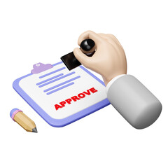 businessman using square rubber approved stamp with clipboard, checklist isolated. 3d illustration render