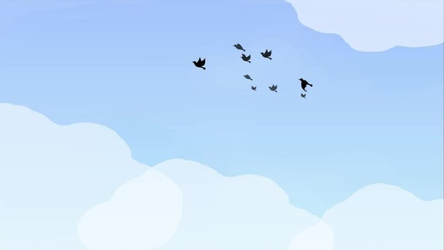 青空の空と雲の中を飛ぶ鳥の群れの背景アニメーション動画　ループ可能
