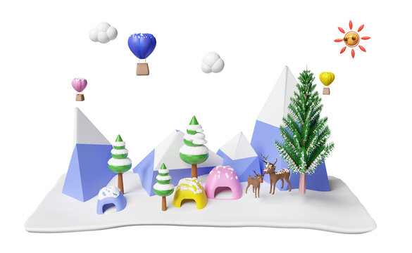 winter travel with snow capped mountains, cloud, christmas tree, deer, Hot air balloon, sun, tent isolated. concept 3d illustration or 3d render