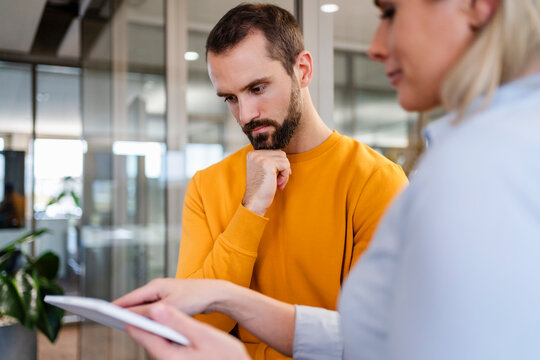 Dedicated businessman with hand on chin looking at tablet PC held by colleague