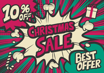 10%off Christmas sale typography pop art background, an explosion in comic book style.