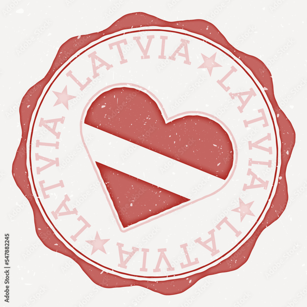 Poster latvia heart flag logo. country name text around latvia flag in the shape of a heart. modern vector 