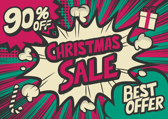 90%off Christmas sale typography pop art background, an explosion in comic book style.	