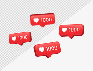 3d heart in speech bubble icon, love like heart bubbles background, social media notification icons 1000 likes counter, post reaction for social network, favorite hearts, 3d rendering, 3d illustration