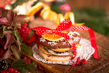 Christmas decoration with cookies on an old wooden background.