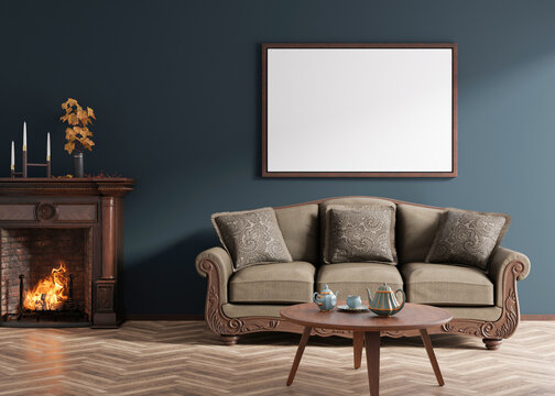 Empty horizontal picture frame on dark blue wall in modern living room. Mock up interior in classic style. Empty, copy space for your picture, poster. Sofa, table, parquet floor, fireplace. 3D render.