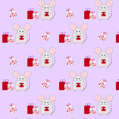 Obraz premium Seamless vector Christmas pattern with mice and gifts.New Year Christmas winter holidays pattern.Vector illustration for printing on fabric and paper