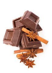 chocolate bars with its ingredients isolated on white background