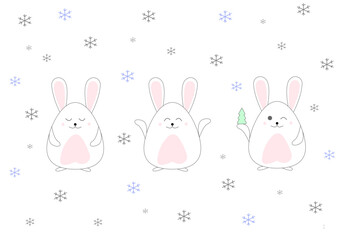 Funny and cute bunny (rabbit) in snow for Christmas and winter Doodle cartoon style.Happy New Year 2023.Vector illustration