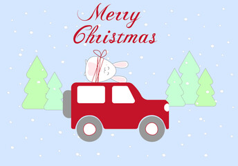 Red christmas car with bunny.Holiday trip.Vector illustration, flat design