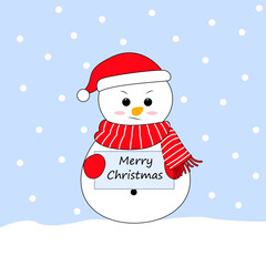 Sad snowman cartoon.Christmas is over. Sad snowman holding poster Merry Christmas.Design element for greeting cards, holiday banner, decor.Vector illustration