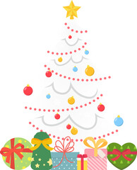 Fototapeta premium A decorated white Christmas tree with stars and balls and ribbons with Christmas gifts, beautiful and lively, celebrating Christmas, vector cartoon style