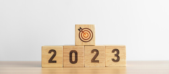 2023 block with dartboard icon. Goal, Target, Resolution, strategy, plan, Action, mission, motivation, and New Year start concepts