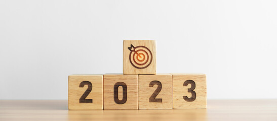 2023 block with dartboard icon. Goal, Target, Resolution, strategy, plan, Action, mission,...