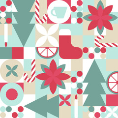 Geometric seamless pattern with winter patterns. New Year - trendy colored mosaic texture for textiles and wallpapers, Christmas symbols - Christmas tree, candles, stocking, candy cane, toys.