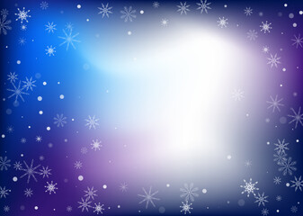 Snowflakes. Snow, snowfall. Falling scattered white snowflakes on a white-blue gradient background. Vector