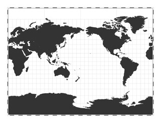 Vector world map. Miller cylindrical projection. Plan world geographical map with latitude/longitude lines. Centered to 180deg longitude. Vector illustration.