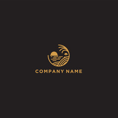Obraz premium beach and island line logo design, vector monogram design of circular beach icons, with gold colour.