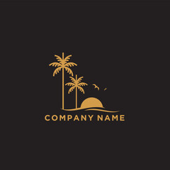 Naklejka premium beach and island line logo design, vector monogram design of circular beach icons, with gold colour.