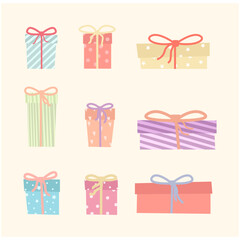 set of gift boxes different style with ribbon and pattern flat design paster color palette