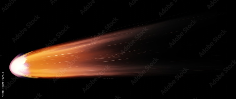 Poster fall comet from space, fiery tail falling meteorite. entry of an asteroid comet into the earth atmos
