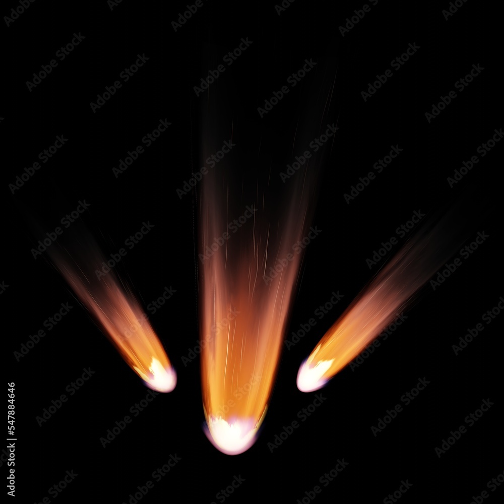 Poster fall comet from space, fiery tail falling meteorite. entry of an asteroid comet into the earth atmos