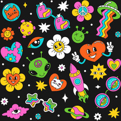 Seamless pattern with a hippie-style doodle. Retro bright with hearts and rainbow. Print for fabric, paper