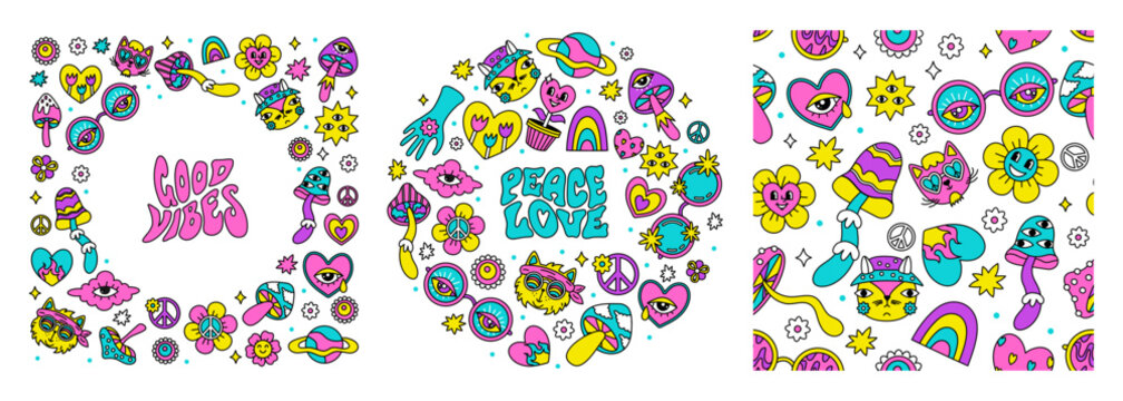 A set of retro hippie style templates. hallucinogenic frames and seamless pattern for a bright background.