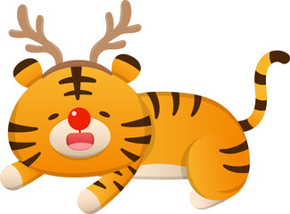 Cute tiger character mascot with antlers costume and headband for Christmas, happy celebration, vector cartoon style