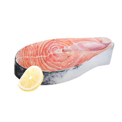 Watercolor illustration of raw salmon steak with lemon isolated on white background