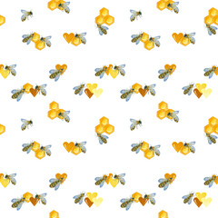Watercolor pattern with honeycomb, yellow hearts and bees on a white background. For the design.