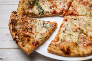 Sliced pizza with blue cheese on a white plate. Pieces of freshly cooked pizza.