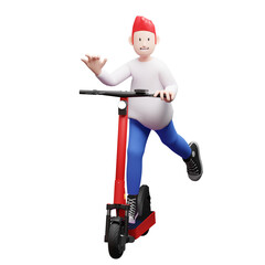 3d render of a boy waving while riding a scooter