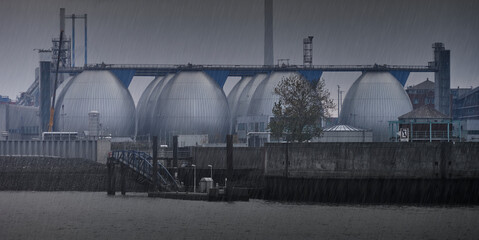 Large digestion towers for the treatment of wastewater at the edge of the port in dark rainy...