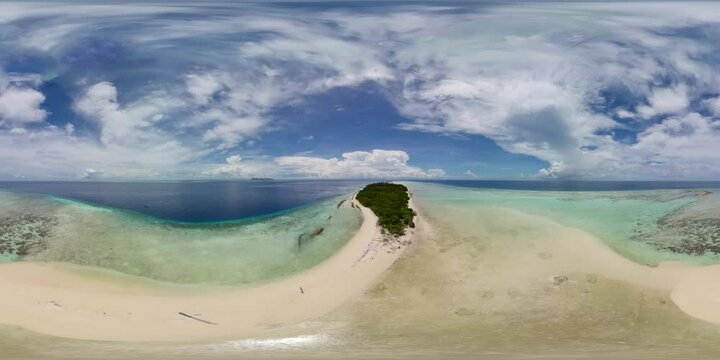 Tropical island and a sandy beach in the sea. Malaysia. Timba Timba Island. 360 panorama VR.