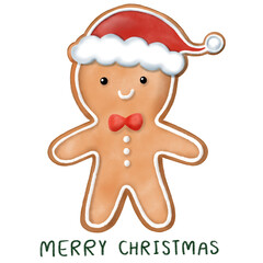Cute gingerbread cookie man wearing Santa hat and a red bow tie 