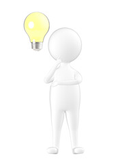 3d white character thinking with a ligh bulb near to his head concept