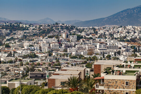 Bodrum, Turkey &ndash; October 20, 2022: view Gumbet town, close-up residential neighborhoods, white houses, resort areas, hotels