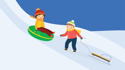 A boy goes down a hill in winter on an inflatable ring, another boy goes up with a sled